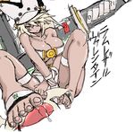  1girl arc_system_works barefoot breasts dark_skin feet foot_licking foot_worship guilty_gear guilty_gear_xrd hat licking numadaira orange_eyes ramlethal_valentine saliva simple_background sitting soles toes tongue white_hair 