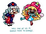  :o american_flag_dress american_flag_legwear angry asymmetrical_clothes blonde_hair braid clownpiece color_connection commentary english frills grey_eyes grey_hair hat jester_cap long_hair multiple_girls nurse_cap outfit_connection pantyhose peachems_(gemu) red_eyes sharp_teeth shirt star star_print striped striped_legwear striped_shirt teeth touhou troll_face v-shaped_eyebrows yagokoro_eirin 