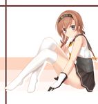  absurdres bad_id bad_pixiv_id bare_shoulders braid brown_hair clothes_writing from_side gloves grey_eyes hairband highres kantai_collection legs long_hair looking_at_viewer miniskirt school_uniform serafuku sitting skirt solo teruzuki_(kantai_collection) thighhighs white_legwear zhou_yu_(ppaaqz1995) 