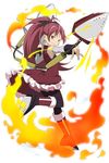  bare_shoulders black_legwear boots bow detached_sleeves fire hair_bow iron kaden_shoujo long_hair magical_girl mahou_shoujo_madoka_magica official_art polearm ponytail red_eyes red_hair sakura_kyouko smile thighhighs weapon 