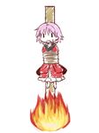  burning_at_the_stake dress fire japanese_clothes kimono nibi purple_hair red_dress simple_background sketch solo sukuna_shinmyoumaru sweatdrop tied_to_stake touhou white_background |_| 