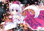  animal_ears detached_sleeves hat inubashiri_momiji leaf maple_leaf paw_pose pupu red_eyes short_hair silver_hair solo tail tokin_hat touhou wolf_ears wolf_tail 