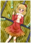  @_@ aki_shizuha blonde_hair blush bottle breasts cleavage drunk hair_ornament leaf leaf_hair_ornament lying medium_breasts no_bra on_back open_clothes open_mouth open_shirt pink_eyes shirt skirt solo suzuka_tamuro touhou 