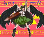  alternate_weapon animal_ears arm_cannon asymmetrical_clothes bad_id bad_pixiv_id blush_stickers bow brown_hair cat_ears eyes long_hair mismatched_footwear o_o pencil reiuji_utsuho solo touhou translated unyu weapon wings wooden_pencil yamane_akira 