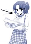  apron blue bow bowtie bread copyright_request food monochrome nakajima_yuka plaid side_ponytail solo waitress 