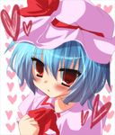  bad_id bad_pixiv_id blue_hair blush face hat heart red_eyes remilia_scarlet short_hair simple_background solo tetsu_tissue touhou 