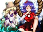  bad_id bad_pixiv_id blonde_hair blue_eyes hair_ornament hair_ribbon hat highres leaf_hair_ornament mikage_kirino moriya_suwako multiple_girls panties pantyshot purple_hair red_eyes ribbon short_hair thighhighs touhou underwear white_panties yasaka_kanako 