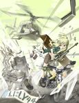  ai_arctic_warfare aircraft bad_id bad_pixiv_id blonde_hair bolt_action eurocopter_ec135 green_eyes gun helicopter iris_(material_sniper) mall-chan material_sniper open_mouth rifle short_hair shorts sleeves_rolled_up sniper_rifle weapon 