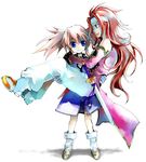  1girl artist_request blue_eyes boots carrying elbow_gloves gloves headband knee_boots long_hair pink_hair presea_combatir princess_carry red_hair sword tales_of_(series) tales_of_symphonia twintails weapon zelos_wilder 