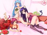  absurdres animal_ears aoba_tsugumi ass bad_id bad_pixiv_id blue_hair bow breasts bunny_ears cleavage downblouse dress flower highres kannagi large_breasts legs long_hair lying medium_breasts multiple_girls nagi on_stomach open_mouth panties purple_eyes purple_hair rose smile tail thighhighs underwear yykuaixian zange 