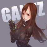  bodysuit brown_eyes brown_hair forehead gantz gantz_suit gun long_hair shimohira_reika skin_tight solo utu weapon 