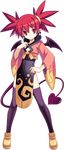  alternate_costume black_legwear cross_edge demon_tail demon_wings disgaea earrings etna flat_chest full_body hirano_katsuyuki jewelry official_art pointy_ears purple_legwear red_eyes red_hair side_slit skull solo standing tail thighhighs transparent_background twintails wings 