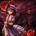  bad_id bad_pixiv_id bat_wings clock clock_tower collarbone face flat_chest flower full_moon hands hat kurione_(zassou) light_smile looking_at_viewer moon no_bra open_clothes open_shirt purple_hair red_eyes red_flower red_moon red_rose remilia_scarlet rose shirt short_hair smile solo touhou tower wind wings 