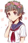  black_eyes black_hair blush face flower ha-ru hair_flower hair_ornament head_wreath sakugawa_school_uniform school_uniform serafuku short_hair sketch skirt smile solo to_aru_kagaku_no_railgun to_aru_majutsu_no_index uiharu_kazari 