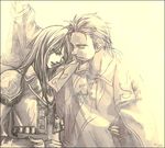  1girl bad_id bad_pixiv_id broken-land closed_eyes company_connection couple edgar_(suikoden) gensou_suikoden hetero hug kika_(suikoden) konami long_hair monochrome rhapsodia yellow 