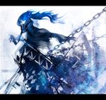  black_hair black_rock_shooter black_rock_shooter_(character) blue_eyes boots burning_eye chain coat long_hair messoatheon midriff navel pale_skin shorts solo sword twintails uneven_twintails weapon 
