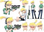 barefoot bike_shorts blonde_hair blue_eyes blush bullet character_sheet ear_protection empty_eyes expressions feet gloves green_eyes gun iris_(material_sniper) material_sniper multiple_views open_mouth ponytail rifle scope short_hair sleeves_rolled_up sniper_rifle sweatdrop tanada-bon tears turnaround weapon 