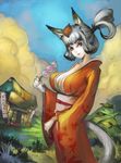  animal_ears blue_sky breasts brown_eyes cleavage cloud dango day downscaled eyeshadow fangs food fox_ears fox_tail grass japanese_clothes kimono kongiku large_breasts leaf leaf_on_head long_hair makeup md5_mismatch narongchai_singhapand oboro_muramasa pale_skin ponytail resized silver_hair sky solo tail wagashi wind 