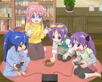  ahoge bad_id bad_pixiv_id banzai_nekomimi barefoot blue_eyes blue_hair bookshelf controller cookie feet food game_console glasses green_eyes hands hiiragi_kagami hiiragi_tsukasa izumi_konata joystick kneeling long_hair lucky_star multiple_girls pantyhose pink_hair playing_games playstation_2 purple_eyes purple_hair short_hair takara_miyuki track_suit 