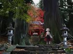  forest geta hat inubashiri_momiji light nature peaceful scenery shrine sky smile solo stone_lantern sword takanashi_akihito tengu-geta tokin_hat touhou tree weapon 