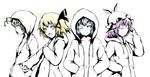  alternate_costume animal_ears antennae bad_id bad_pixiv_id blonde_hair blue_hair cirno closed_eyes contemporary crost green_hair hair_ribbon hands_in_pockets hat high_contrast hood hooded_jacket jacket multiple_girls mystia_lorelei navel no_bra no_shirt one_eye_closed pink_hair ribbon rumia smile team_9 touhou wriggle_nightbug 