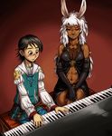  1girl abs animal_ears black_hair blush breasts brown_eyes bunny_ears dark_skin dress error final_fantasy final_fantasy_xii highres instrument larsa_ferrinas_solidor lipstick makeup medium_breasts piano ragathol viera white_hair 