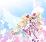  angel_wings blonde_hair bow choker cure_angel_(fresh_precure!) cure_peach feathers fresh_precure! hair_ornament heart heart_hair_ornament long_hair magical_girl momozono_love pink_bow pink_choker precure solo twintails u_to_i very_long_hair wings 