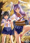  alternate_costume animal_ears bad_id bad_pixiv_id black_hair bunny_ears foreshortening highres inaba_tewi katana long_hair multiple_girls onaka_sukisuki purple_hair red_eyes reisen_udongein_inaba school_uniform short_hair skirt sword torn_clothes touhou weapon 