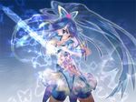  blue blue_background blue_hair blue_shorts bug butterfly butterfly_hair_ornament cure_aqua cure_fleuret hair_ornament insect long_hair magical_girl minazuki_karen ponytail precure shorts shorts_under_skirt solo sword u_to_i water weapon wide_ponytail yes!_precure_5 