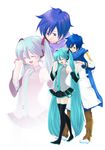  1girl akatsuki_tomoya aqua_hair blue_eyes blue_hair blue_nails blue_scarf blush couple detached_sleeves hatsune_miku headset hetero holding_hands kaito legs long_hair nail_polish necktie scarf skirt thighhighs twintails very_long_hair vocaloid zoom_layer 