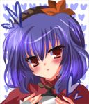  bad_id bad_pixiv_id blush face hair_ornament hairband heart leaf_hair_ornament purple_hair red_eyes short_hair simple_background solo tetsu_tissue touhou yasaka_kanako 