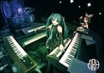  aqua_eyes aqua_hair blonde_hair detached_sleeves double_neck_guitar drum drum_set electric_guitar electric_organ grand_piano guitar hachune_miku hair_ornament hair_ribbon hairclip hanji_(hansi) hatsune_miku headphones instrument kagamine_rin keyboard_(instrument) long_hair microphone multiple_girls organ piano ribbon sheet_music short_hair skirt smile spring_onion synthesizer thighhighs twintails vocaloid 