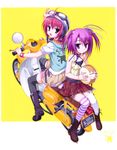  back-to-back bicycle black_legwear copyright_request goggles ground_vehicle helmet kobuichi multiple_girls multiple_riders muririn purple_hair red_hair riding striped striped_legwear thighhighs twintails white_legwear 