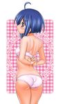  adjusting_bra adjusting_clothes ahoge ass back blue_eyes blue_hair blush bra cowboy_shot hair_ornament hairclip kousaka_jun lingerie looking_back mahou_sensei_negima! miyazaki_nodoka panties petite pinup profile removing_bra short_hair smile solo underwear underwear_only undressing wedgie white_bra white_panties 