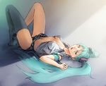  aqua_eyes aqua_hair breasts covered_nipples hatsune_miku ikuyoan long_hair lying on_back open_clothes open_shirt panties shirt single_thighhigh sketch skirt small_breasts solo thighhighs twintails underwear very_long_hair vocaloid 