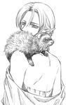  animal back bare_shoulders broken-land elf ferret gensou_suikoden gensou_suikoden_iv greyscale lowres monochrome paula_(suikoden) pointy_ears short_hair undressing 