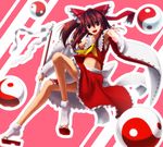  bad_id bad_pixiv_id bow brown_hair detached_sleeves din_(flypaper) gohei hakurei_reimu half_updo long_hair midriff navel open_mouth orb red_eyes ribbon sandals shoe_dangle smile solo spell_card touhou yin_yang 