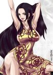  amazon armpits arms_up bad_id bad_pixiv_id black_hair boa_hancock breasts china_dress chinese_clothes dress earrings forehead highres jewelry large_breasts long_hair madhatter_hello muscle one_piece open_mouth salome_(one_piece) side_slit sideboob skull snake solo_focus 