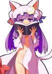  9law animal_ears animal_hat book cat_ears cat_hat cat_tail covering_mouth crescent groin hat kemonomimi_mode long_hair navel no_panties open_clothes patchouli_knowledge purple_eyes purple_hair solo tail touhou 
