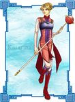  aqua_background armor blonde_hair blue_eyes boots bridal_gauntlets broken-land character_name gensou_suikoden gensou_suikoden_iv hair_up headband katarina solo staff 