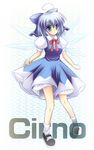  ahoge bad_id bad_pixiv_id blue_eyes blue_hair bow character_name cirno hair_bow junna short_hair solo touhou wings 