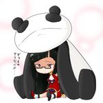  black_hair blazblue breasts chibi china_dress chinese_clothes cleavage cleavage_cutout dress futaba_no_taiko glasses lao_jiu litchi_faye_ling long_hair panda ponytail purple_eyes small_breasts solo translated very_long_hair 