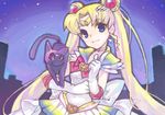  back_bow bishoujo_senshi_sailor_moon black_cat blonde_hair blue_sailor_collar bow cat choker city cityscape double_bun elbow_gloves gloves heart heart_choker long_hair luna_(sailor_moon) magical_girl multicolored multicolored_clothes multicolored_skirt night night_sky oekaki red_bow sailor_collar sailor_moon sailor_senshi_uniform skirt sky super_sailor_moon tsukino_usagi u_to_i very_long_hair white_gloves yellow_choker 