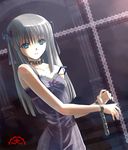  bangs bare_arms bare_shoulders bdsm blue_eyes bondage bound bow chain collar collarbone dress grey_hair hair_ribbon kakuno long_hair looking_at_viewer original ribbon slave sleeveless sleeveless_dress solo 