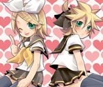  1girl ;p aqua_eyes blonde_hair blush brother_and_sister crossdressing hair_ornament hair_ribbon hairclip headphones kagamine_len kagamine_rin one_eye_closed otoko_no_ko ribbon school_uniform serafuku short_hair siblings skirt thighhighs tongue tongue_out twins vocaloid yomorin zettai_ryouiki 