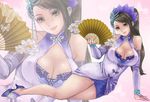  arm_support bad_id bad_pixiv_id bare_shoulders black_hair breasts bridal_gauntlets chinese_clothes cleavage fan halterneck high_heels large_breasts legs lips lying mole mulupiyo on_side shin_sangoku_musou shoes solo zhen_ji zoom_layer 