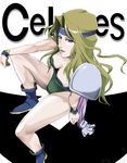  1girl blonde_hair blue_eyes boots breasts cape celes_chere cleavage final_fantasy final_fantasy_vi headband leotard long_hair looking_up shoulder_pads sinzitu sitting solo 
