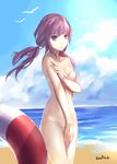  aisha_(elsword) artist_name bad_id bad_pixiv_id beach bikini bird cloud covering covering_crotch day elemental_master_(elsword) elsword highres innertube long_hair looking_at_viewer low_twintails ocean purple_eyes purple_hair seagull solo swd3e2 swimsuit twintails wind 