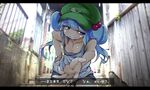  blue_eyes blue_hair breasts check_translation cleavage collarbone crying crying_with_eyes_open flanvia hair_bobbles hair_ornament hat highres kawashiro_nitori medium_breasts outstretched_hand photo_background sad_smile solo sweat tank_top tears touhou translated translation_request twintails two_side_up 