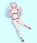  bikini blush closed_eyes closers full_body highres horns levia_(closers) long_hair ofuda open_mouth outstretched_arms silver_hair smile solo swimsuit urabaha 